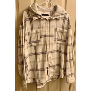 Fashion Nova Men Hoodie Flannel Plaid White Tan Blue Cotton‎ Size M